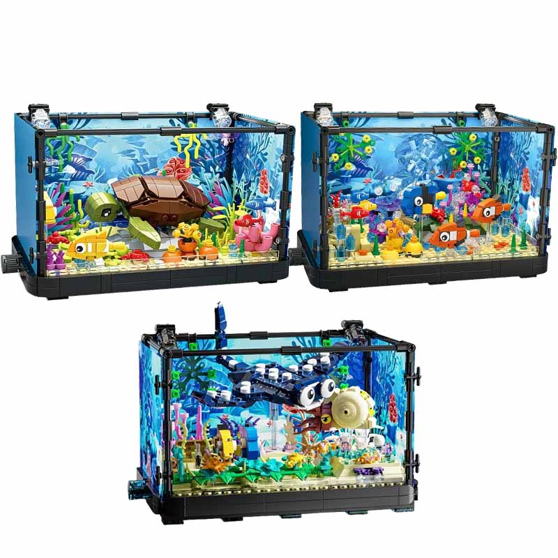 Aquarium Fish Gallery - Aquarium-Baustein-Set mit Licht, Aquarium, Meeresschildkröte, Baustein-Spielzeug